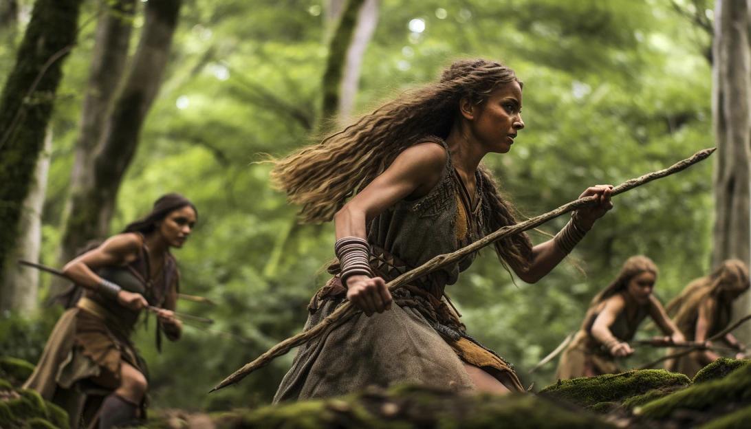 A photo of a group of prehistoric women hunting in a forest, capturing their strength and determination. Taken with a Nikon Z7.