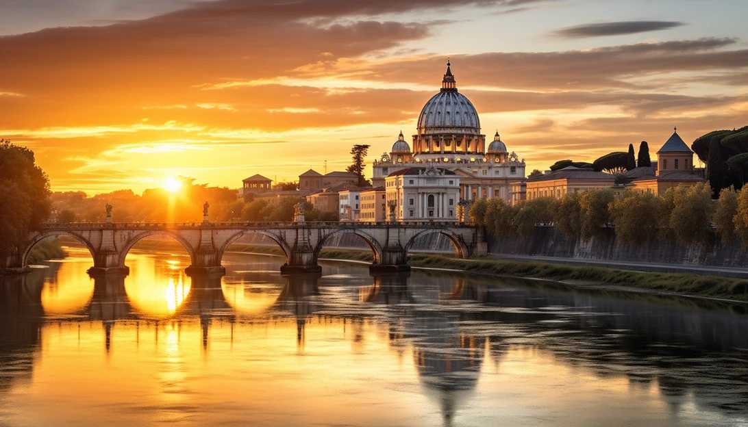 An image of the Vatican, bathed in golden light at sunset, showcasing the Pope's dedication to the environment. This photo was taken with a Canon 5D Mark IV.