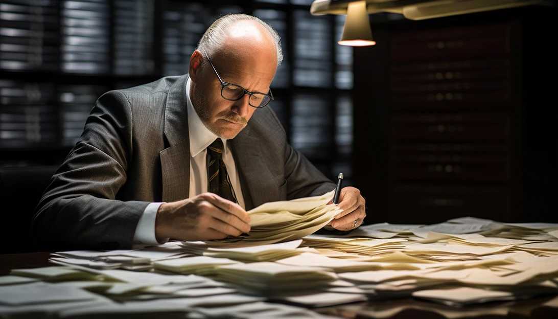 A photo of a bank investigator diligently analyzing financial documents, taken with a Nikon D850.