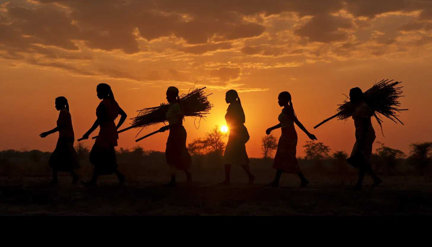 A mid-distance shot of anonymous displaced women hauling bundles of firewood, their silhouettes against a setting sun, to connote their struggle. Image shot with a Nikon D850.