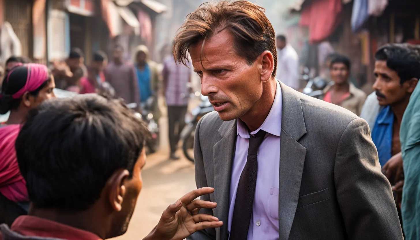 A symbolic photo of a government official (not recognizable) in conversation mode with distressed locals, showing both concern and assertion, captured through a Sony Alpha A7 III.