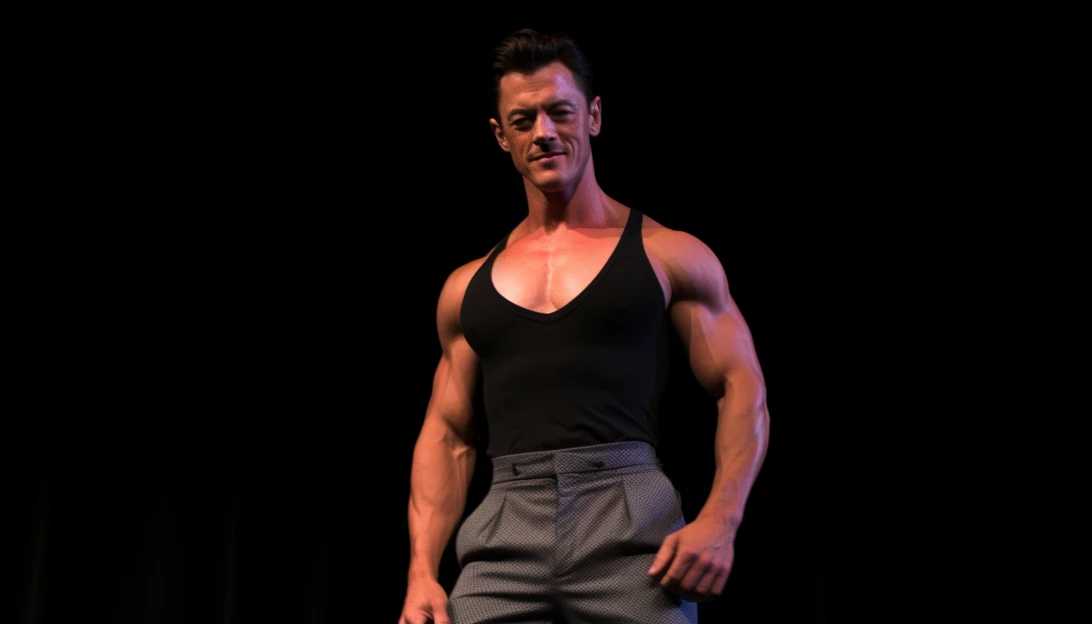 Luke Evans posing confidently on stage during a captivating performance in a West End show, captured with a Nikon D850.