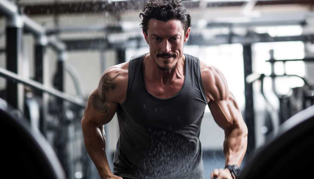 Luke Evans sweating it out during an intense workout session, pushing himself to the limit to achieve his fitness goals, photographed with a Sony A7 III.