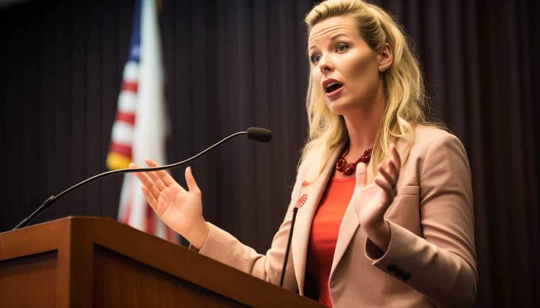 A photo of Representative Ashley Hinson, R-Iowa, passionately speaking about the urgency to address child trafficking at the southern border, taken with a Canon EOS 5D Mark IV.