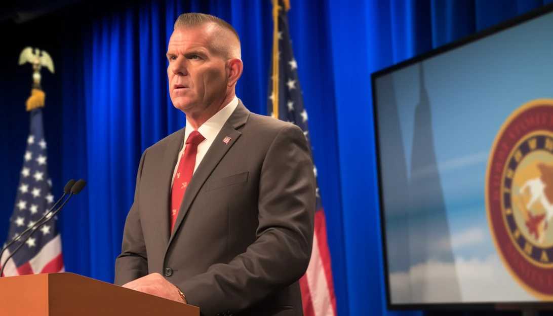 A photo of Rep. Matt Rosendale, R-Mont., speaking at a press conference, demanding answers on the internal CBP memo.