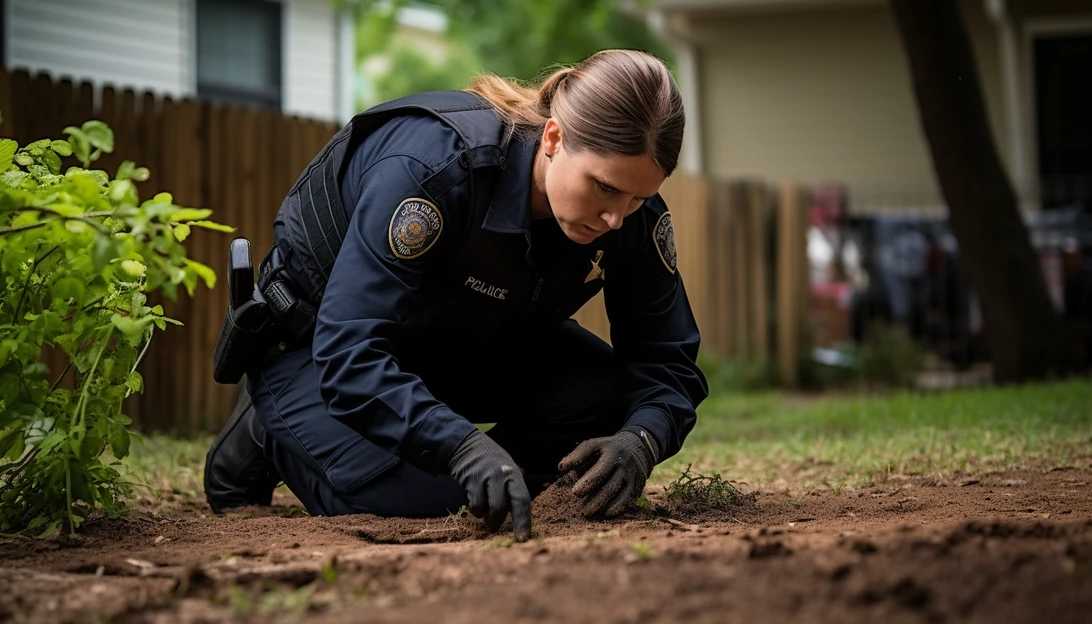 An image of a police officer at a crime scene, investigating the shooting death of two sisters in their home in Dallas.