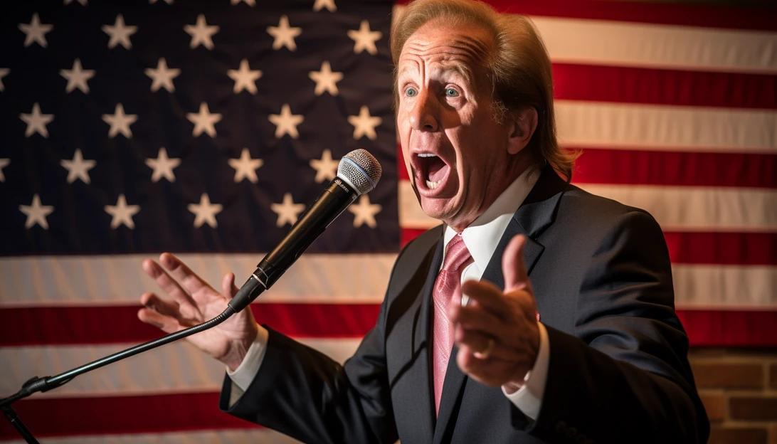 A photo of Sandy Pensler, the Detroit-area businessman and Republican candidate for Michigan Senate, passionately delivering a campaign speech, taken with a Nikon D850.