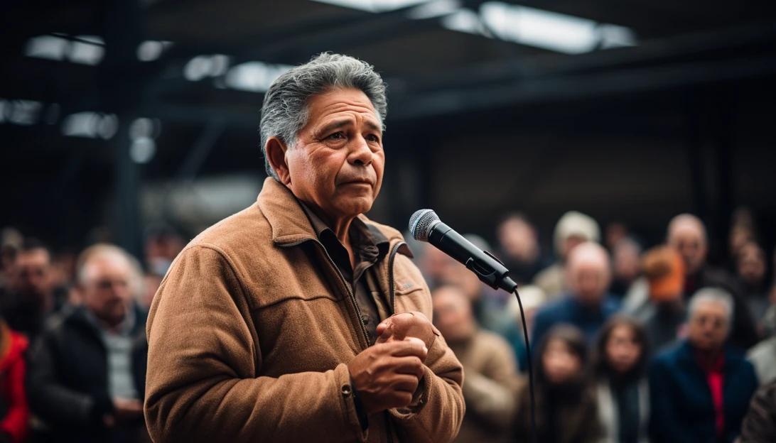 A photo of George Santos during a public speech, captured with a Nikon D850.