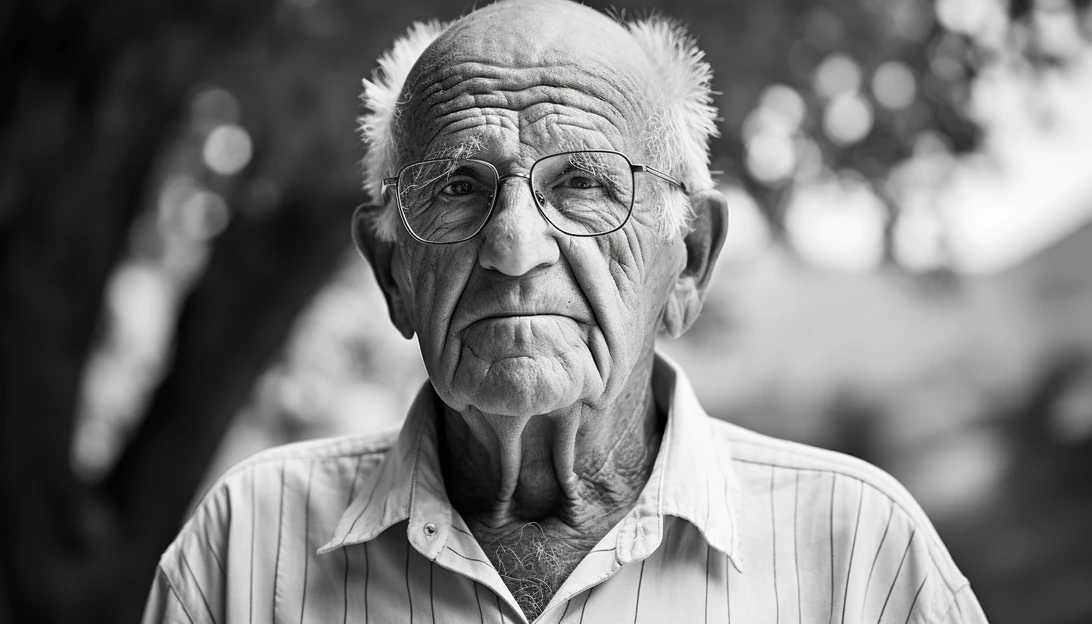 A black and white portrait of Aria Zalmanowicz, the 85-year-old grandfather and founder of Kibbutz Nir-Oz.