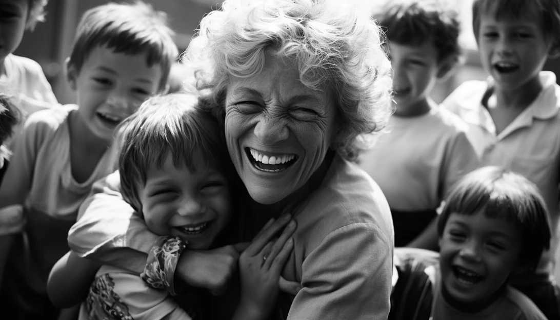 A photo of Maya Goren, the devoted kindergarten teacher, surrounded by smiling children.