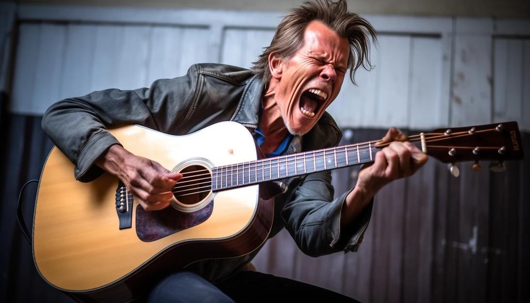 A candid photo of Kevin Bacon rehearsing a scene during his early years as a struggling actor in New York City, taken with a Nikon D850.
