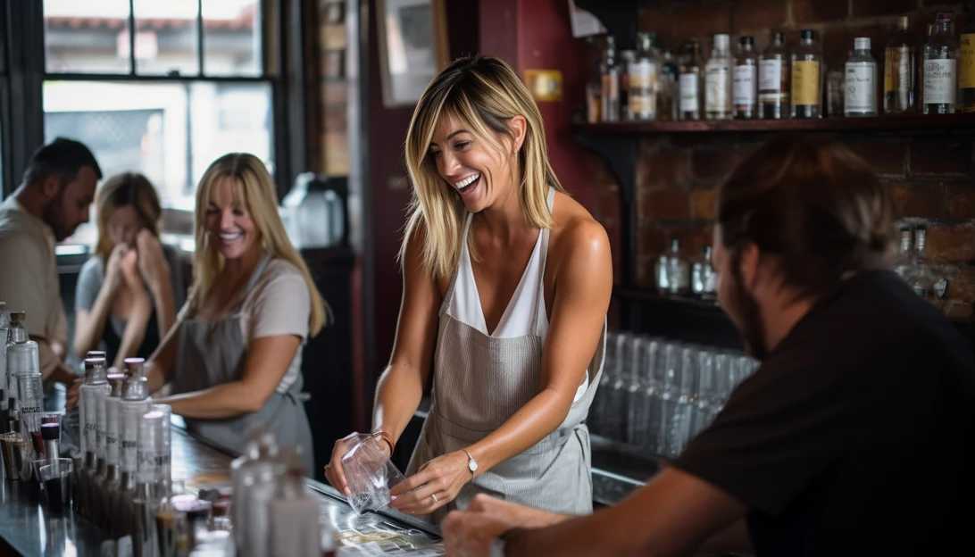 Jennifer Aniston serving customers with a smile at a bustling New York City restaurant, captured with a Sony Alpha a7 III.