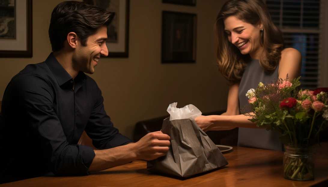 A person opening an elegantly wrapped surprise meal delivery, adding excitement to their long-distance date night (Photo taken with Nikon D850)