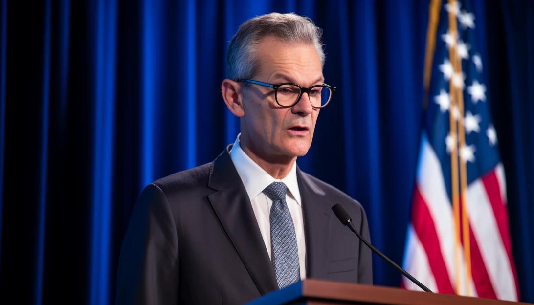 Jerome Powell giving a speech at a press conference, captured with a Canon EOS R camera.