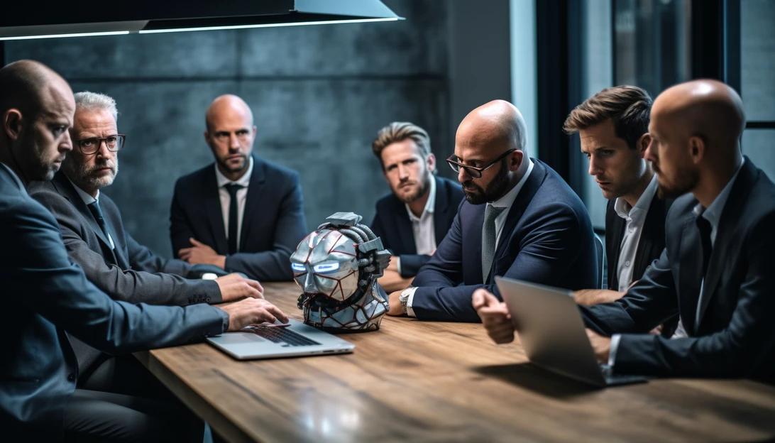 A group of AI experts gathered around a conference table, discussing the implications of Biden's AI executive order. (Photo taken with Nikon D850)