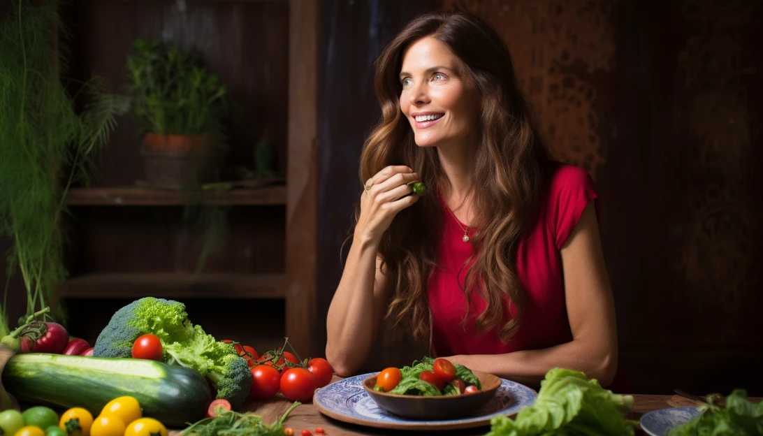 A vibrant image of Carol Alt enjoying a plate of delicious raw vegetables, showcasing her commitment to a healthy lifestyle. (taken with Nikon D850)