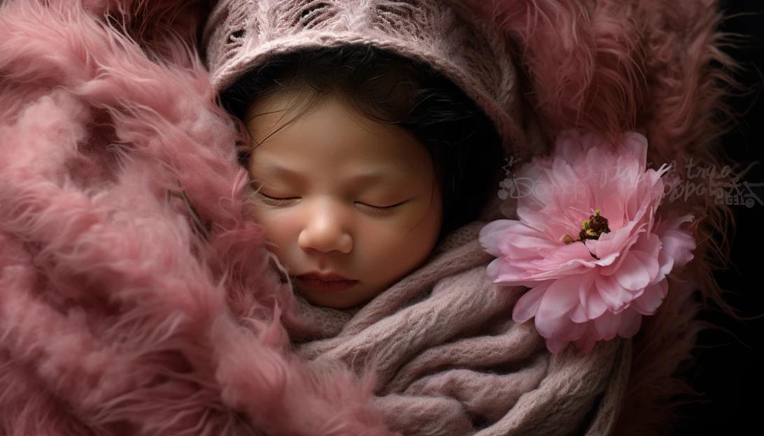 A photo of a newborn baby girl wrapped in a blanket, taken with a Canon EOS R.