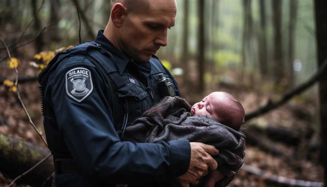 An image of a police officer holding the abandoned baby girl in the woods, taken with a Nikon D850.