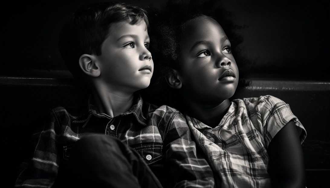 A powerful black and white portrait of children engrossed in a Disney animated film, taken with a Nikon D850.