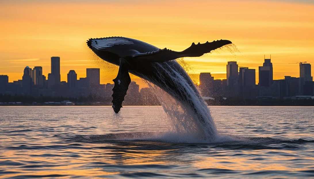 As the sun sets over Seattle's skyline, a golden glow illuminates 'Smiley', the calf of the humpback whale, as it gracefully dives beneath the surface of Elliott Bay. This captivating image, taken with a Canon EOS 5D Mark IV, reflects the serenity and beauty of the encounter.