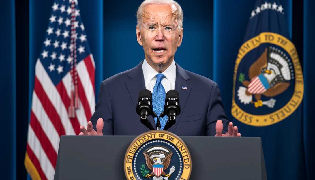 A photo of President Biden speaking at a press conference, taken with a Nikon D850.