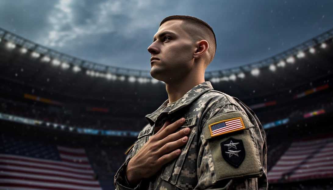 Emotional photo of a soldier standing tall as the national anthem plays during the Army-Navy game, symbolizing the values of honor and patriotism, taken with a Canon EOS 5D Mark IV.