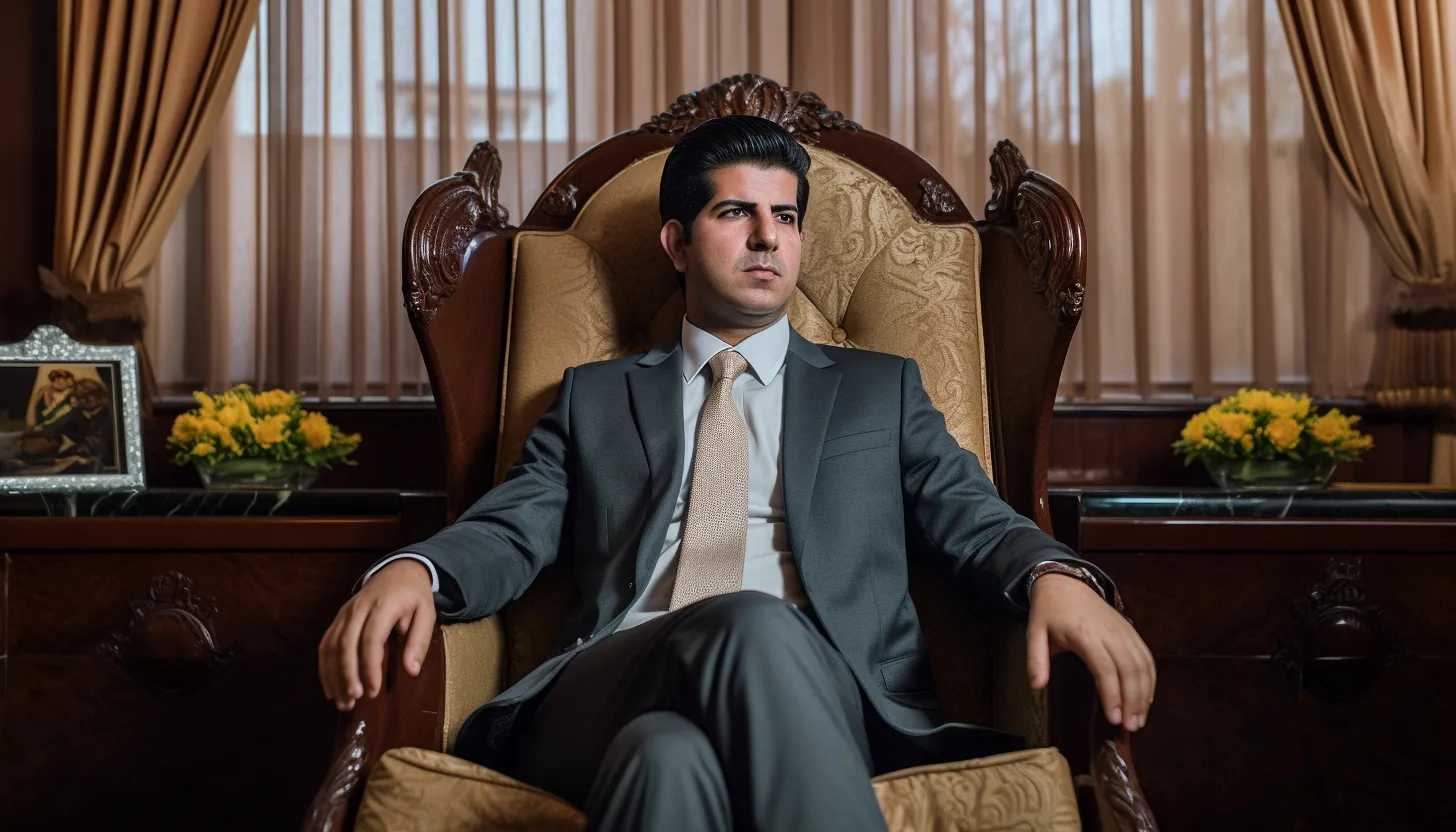 Portrait of Masrour Barzani, the leader of the local Kurdish government, standing at his office or speaking at a press conference. Reflect the weight of governance during turmoil. (Taken with a Sony Alpha 1)