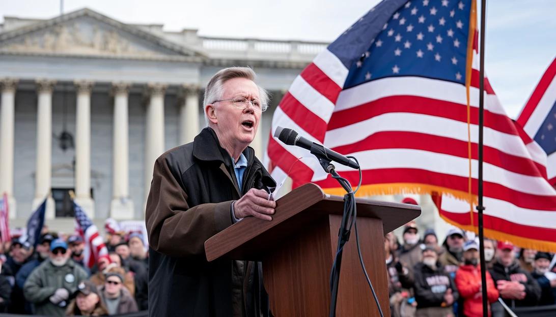 The NRA President Charles Cotton addressing a crowd during a speech at a rally in front of the Supreme Court (Photo prompt: taken with Nikon D850)