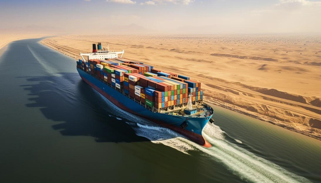 A photo of a cargo ship sailing through the Suez Canal, capturing the bustling maritime activity. Taken with a Nikon D850.