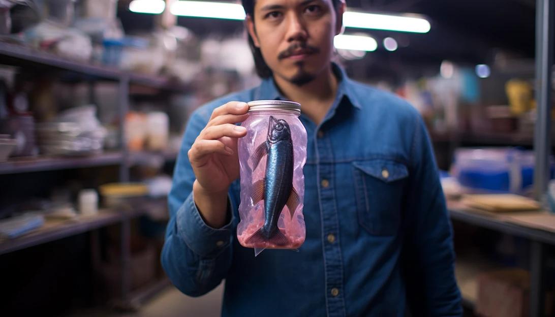 A Mexican startup employee holding a sachet of the health drink made from totoaba fish [taken with Canon EOS 5D Mark IV].
