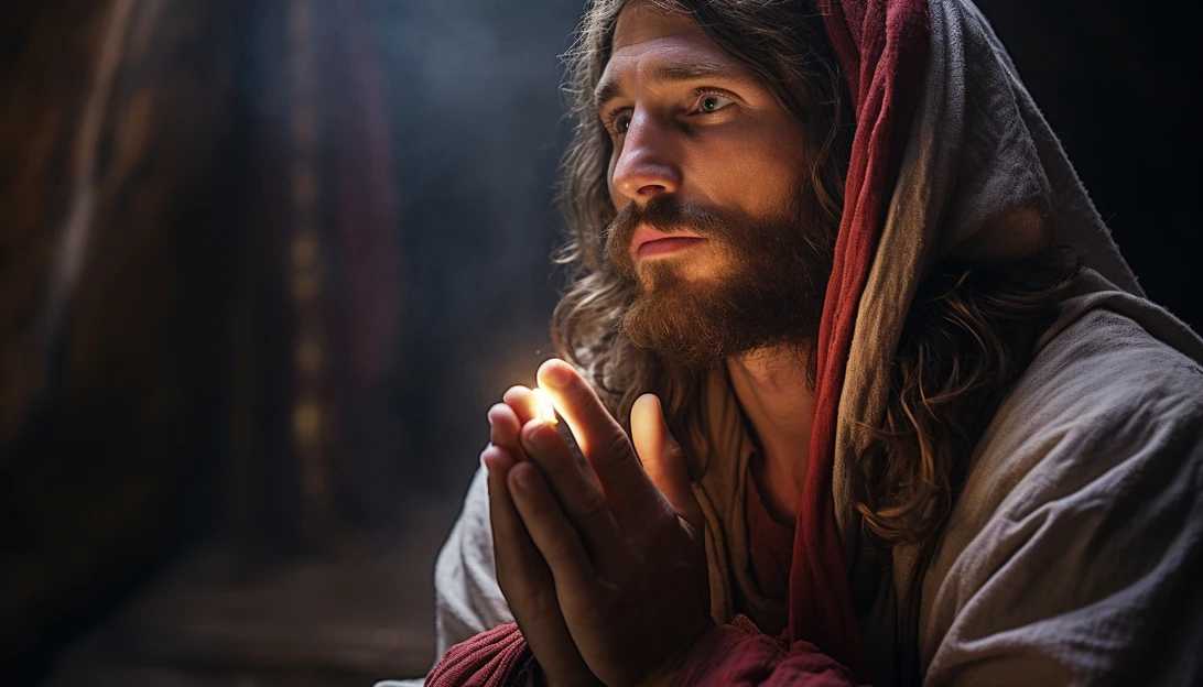 A photo capturing Jonathan Roumie, known for his role as Jesus in 'The Chosen,' deeply engaged in prayer, taken with a Canon EOS 5D Mark IV.