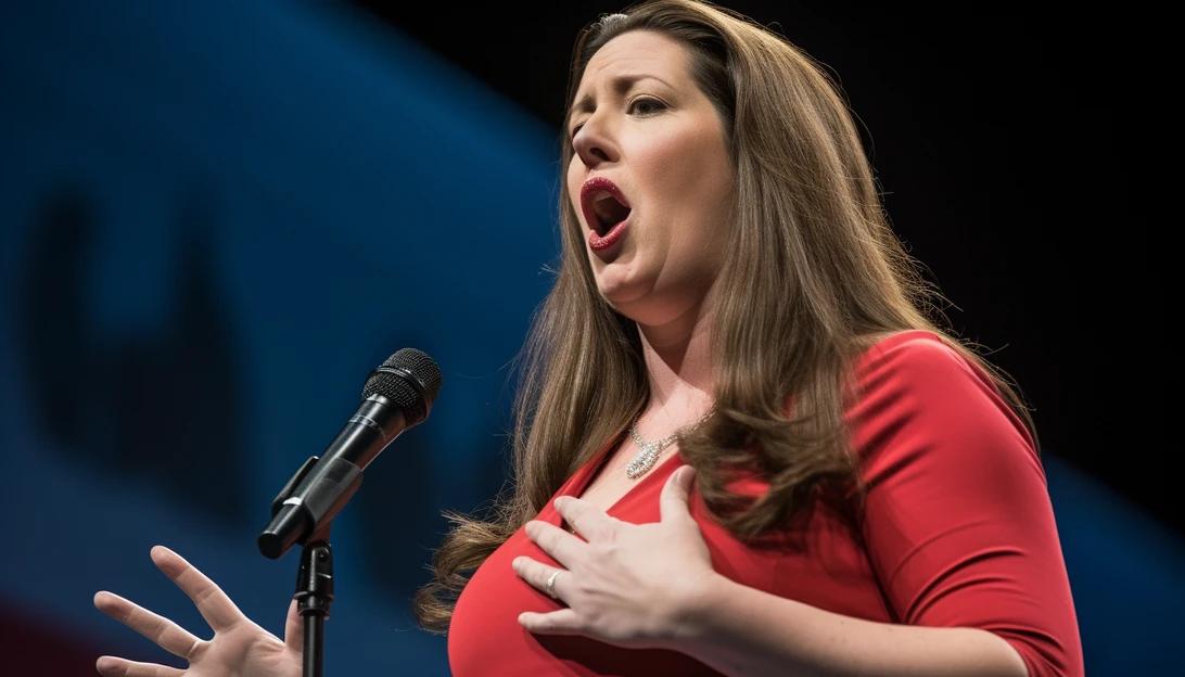 An image of Ronna McDaniel, the Republican National Committee chair, passionately speaking about the importance of defending the GOP's stance on abortion. (Photo taken with a Canon EOS 5D Mark IV)