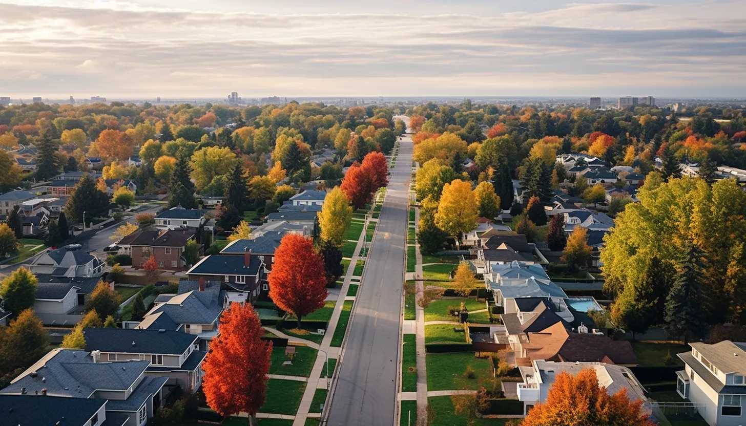 Landscape shot of a suburban neighborhood, visibly lacking the usual 'For Sale' signs, emphasizing the dearth of housing inventory.  This vivid image was captured using a Canon EOS 5D Mark IV.