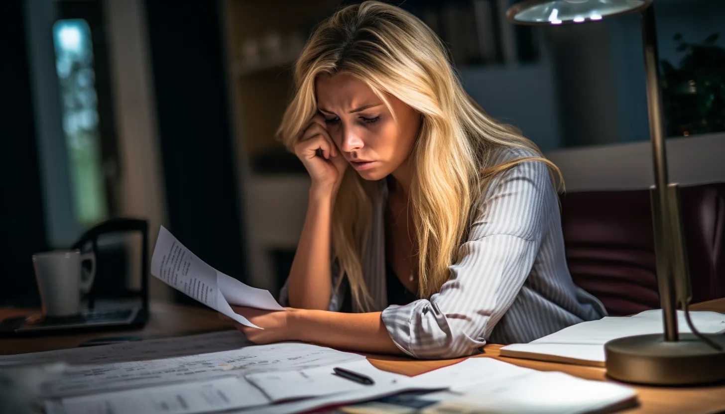 Close-up of a woman going through mortgage application papers with visible distress, symbolizing the plight of potential homebuyers amidst soaring rates. Photographed with a Sony α7R III.