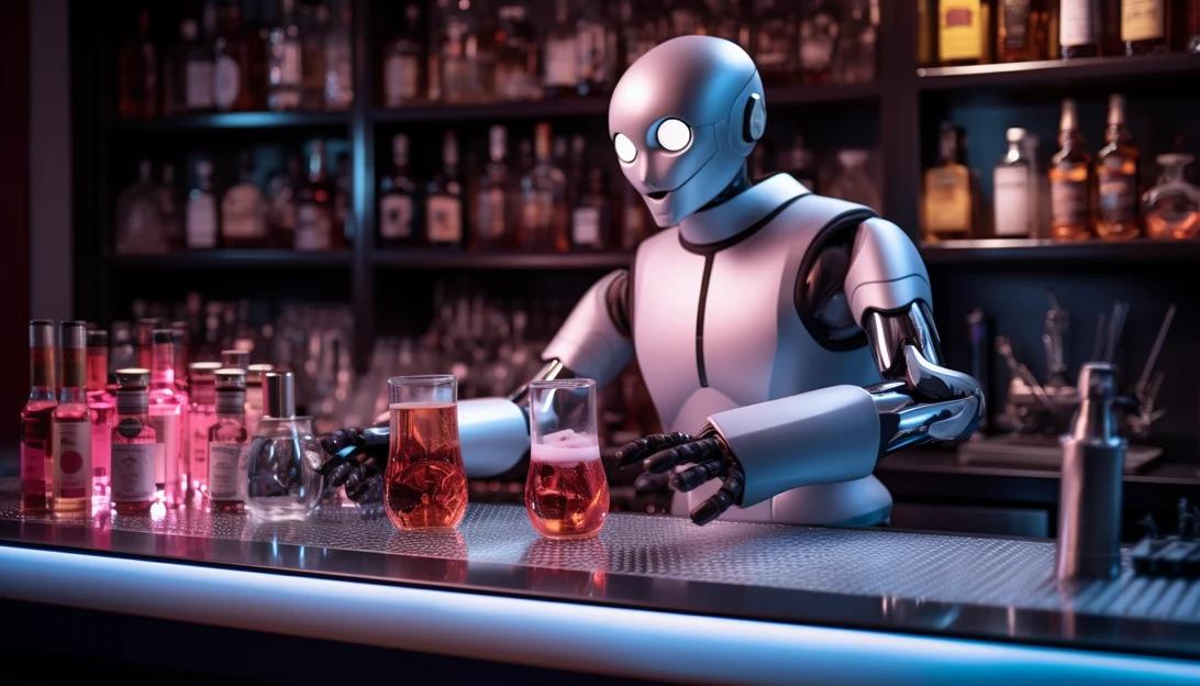 A photo of KIME, the humanoid automated bartender, showcasing its sleek design and advanced robotic technology. (Taken with Canon EOS R)