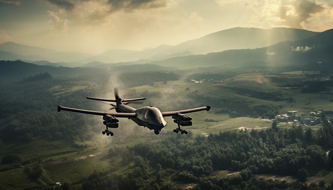 A photo of a military drone flying over a battlefield, showcasing the advanced technology discussed in the article. (Taken with a Nikon D850)