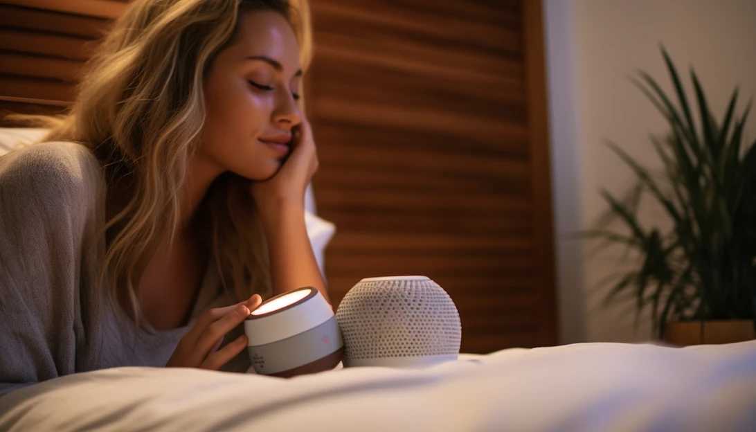 An image of a person using a white noise machine to create a calming ambiance for better sleep. (Taken with a Sony Alpha a7 III)