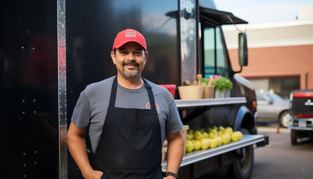 A photo of David Poto, owner of Addy's food truck, confidently standing beside his truck, ready to serve delicious meals to the community. (Taken with a Canon EOS 5D Mark IV)