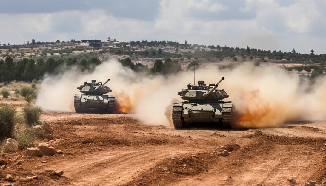 A photo of Israeli tanks in action during military exercises, showcasing the importance of tank ammunition in strengthening Israel's defense capabilities. (Taken with Nikon D850)