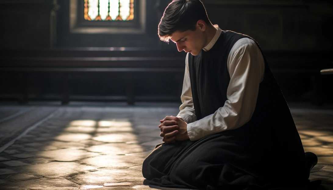 A serene photo of Edoardo Santini praying in a peaceful church, symbolizing his journey towards priesthood. (Taken with a Nikon D850)
