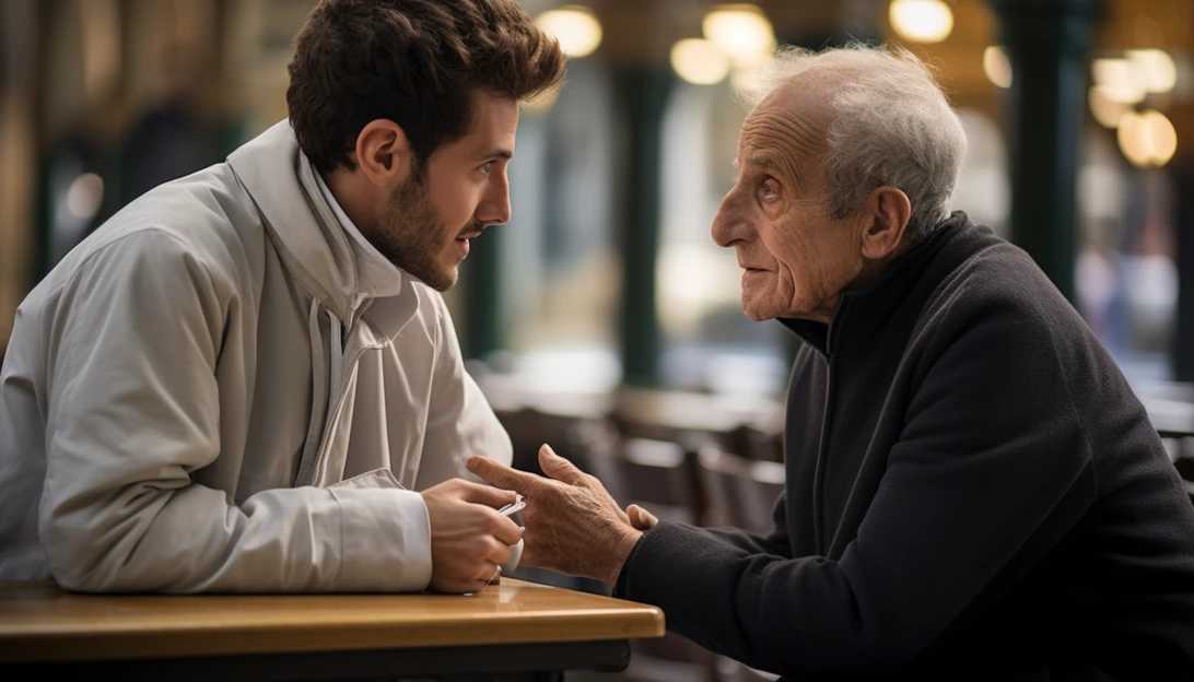 A candid shot of Edoardo Santini engaged in a deep conversation with a wise-looking elderly priest, capturing the beauty of mentorship and guidance. (Taken with a Sony Alpha a7 III)