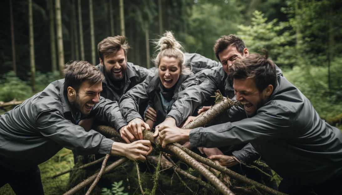 A group of employees engaged in a team-building activity, taken with a Nikon D750.