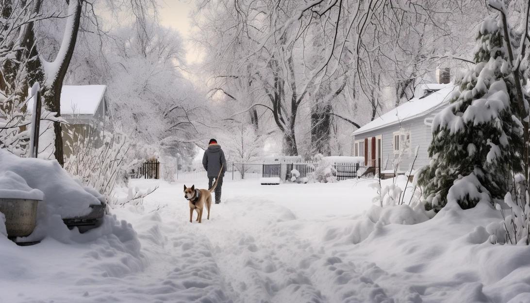 A photo of a snowy backyard with a dog happily shoveling snow. (Taken with Canon EOS 5D Mark IV)