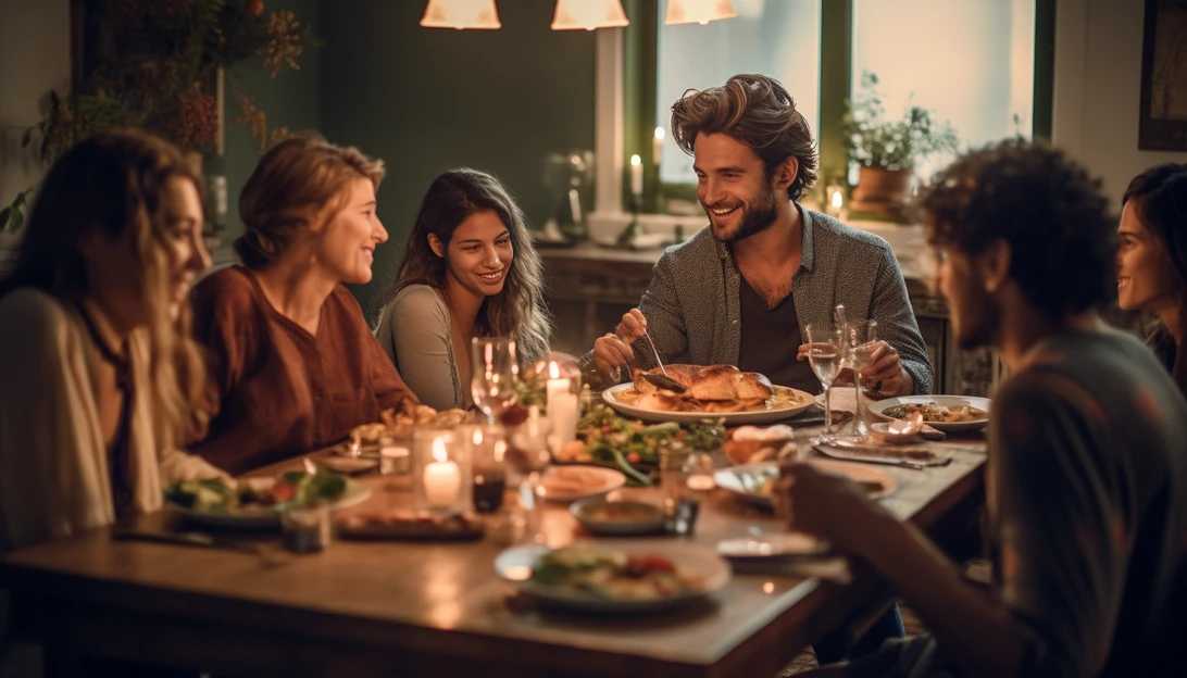 A heartwarming picture of a family gathering around a dinner table, offering support and companionship to someone in need, taken with a Sony A7III camera.