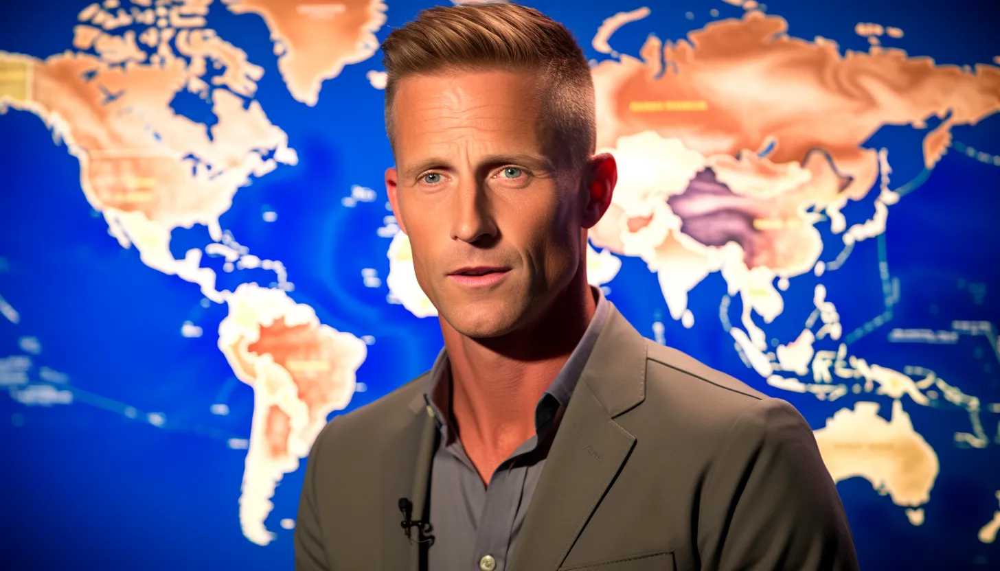 A close-up image of former Navy pilot Ryan Graves, displaying a serious expression as he talks. He is in a room with a large map of Earth in the background depicting known flight routes. (Taken with Nikon D850)
