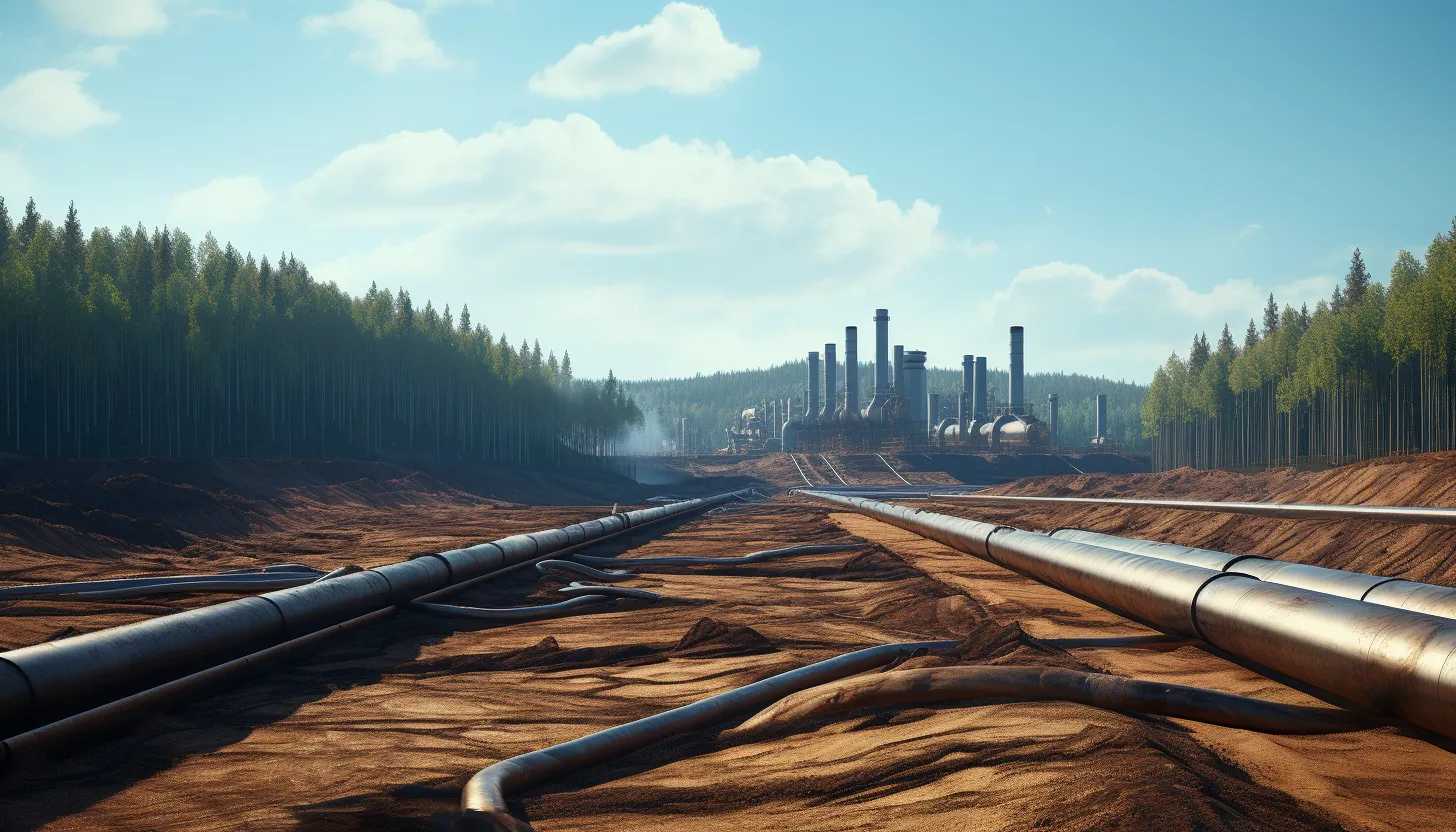 A panoramic shot of the gas pipelines stretching across an open landscape with a safety sign prominently displayed. Taken with a Canon EOS 5D Mark IV.