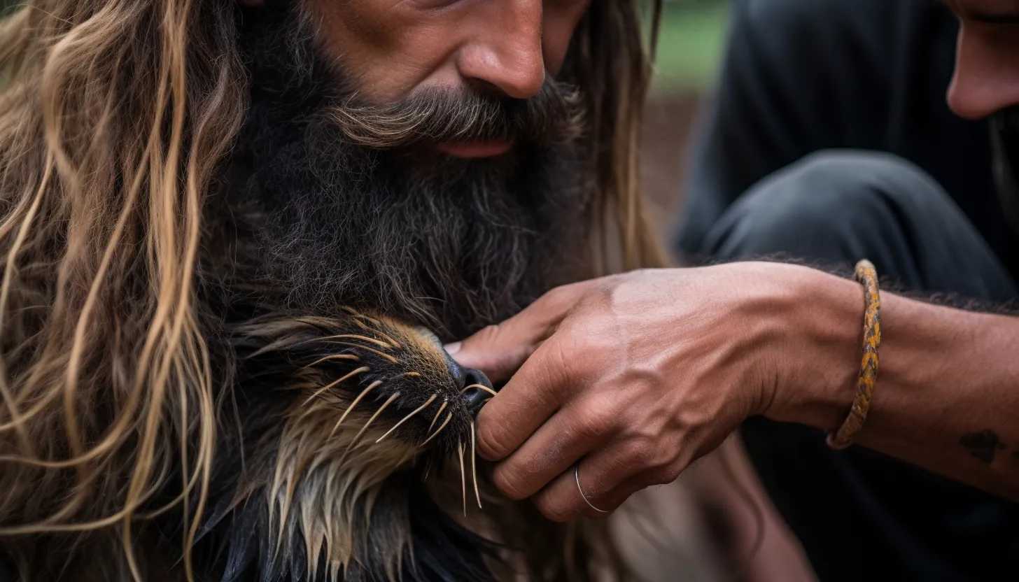 A detailed close-up of a zookeeper working with a Sumatran tiger, coaxing it with a curry-scented measurement stick. Taken with Nikon D850.