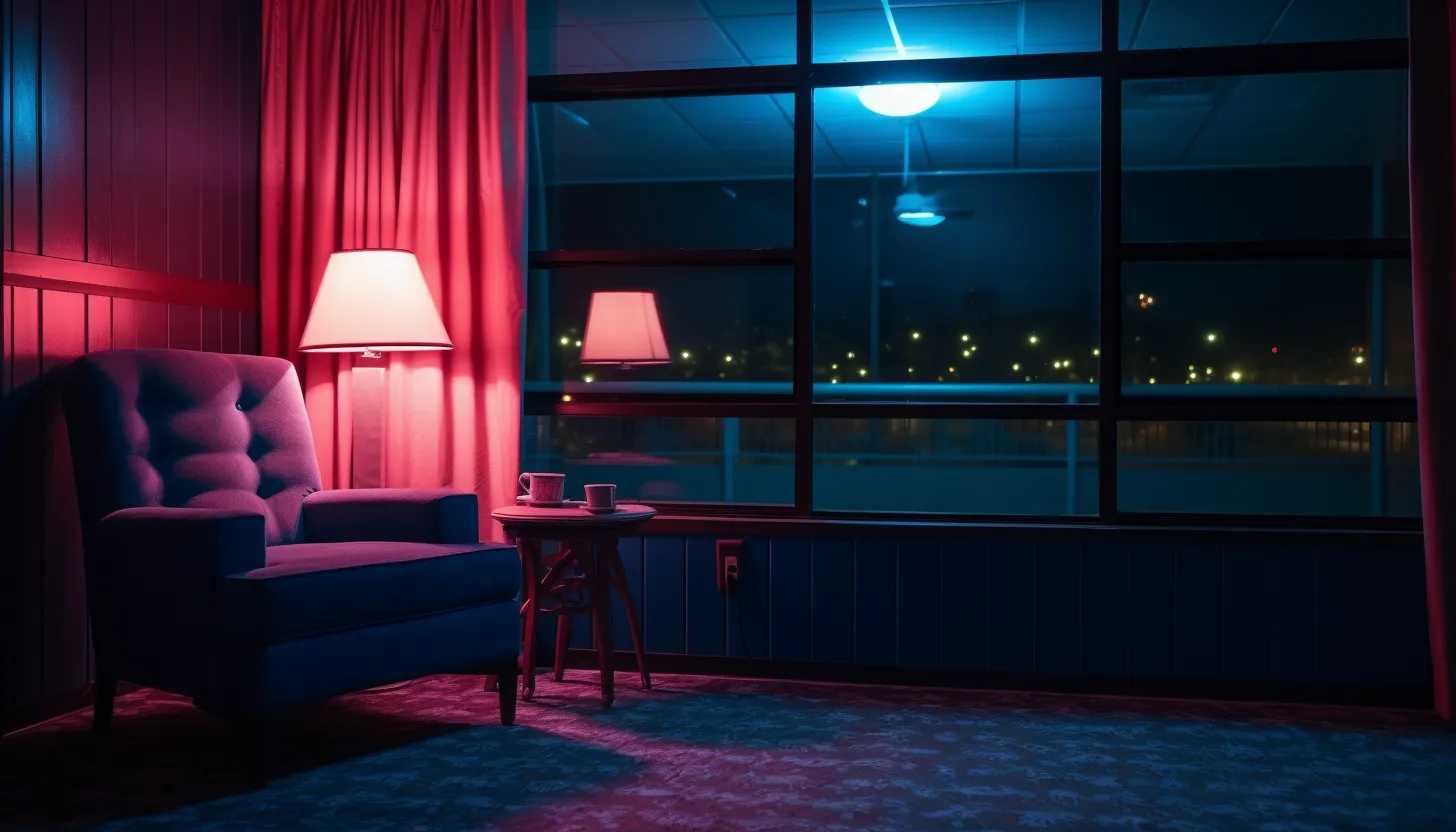 Depiction of a motel room at night, capturing the gloomy atmosphere with the neon lights from outside partially illuminating the room. Taken with a Nikon D850.