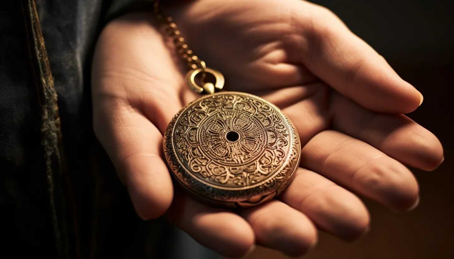 Close-up shot of a female hand gently holding a vintage locket, representing the lost loved one. The focus is on the locket with a blurred background. Taken with a Canon EOS 5D Mark IV.