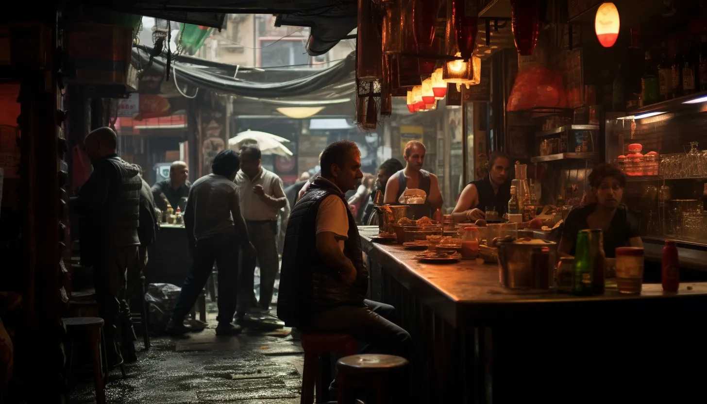 A bustling scene of a bar, like Cook's Corner, filled with patrons having a good time, taken with a Canon EOS 5D Mark IV.
